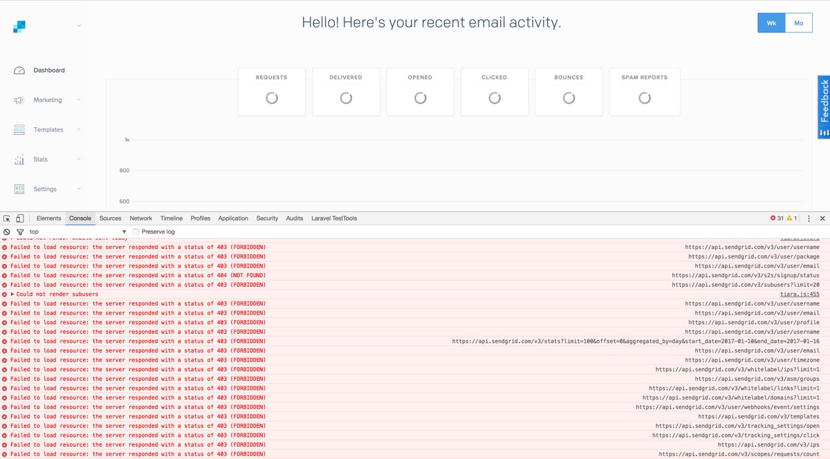 php_mattc's tweet image. . @SendGrid Not able to see anything on the dashboard at the moment, and its throwing loads of errors into the console.