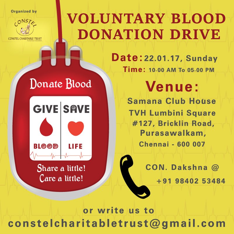 consteltrust's tweet image. Voluntary #BloodDonation Drive on 22.01.17 @ TVH Lumbini Square, #Chennai. Click this url to spot goo.gl/fzyPn5

#Goodcause #Help
