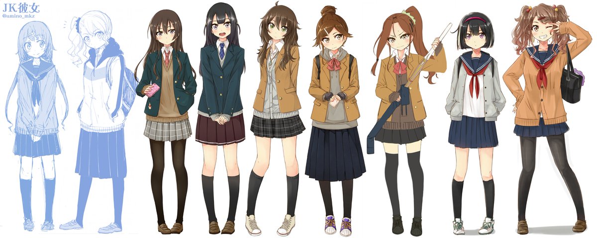 umino_mkz's tweet photo. 自分用にウチのJKちゃん達の一覧作ってたけど増えたなぁ…（まだラフのやつがチラホラある。） https://t.co/RfA6As5Aj1