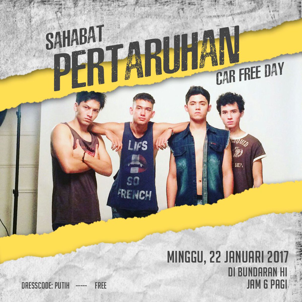 Alicious_AMC's tweet photo. AYO ikutan car free day bareng Sahabat Pertaruhan 22 Januari 2017❗
📍 Bundaran HI, Jkt
👕 Putih
🕕 06.00

@pertaruhanfilm #SahabatPertaruhan https://t.co/4DDElX6vTZ