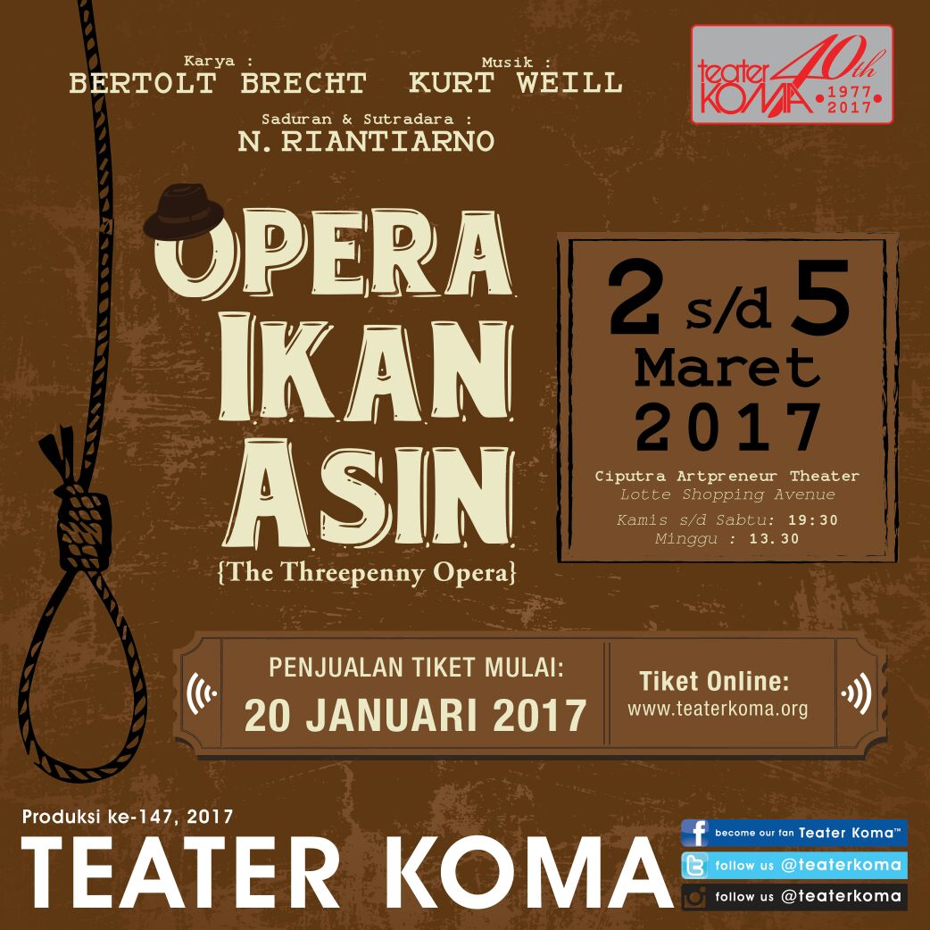 teaterkoma's tweet image. Tiket #OperaIkanAsin #TeaterKoma mulai dijual 20 Januari 2017 di teaterkoma.org. Ada diskon early bird 40% (tiket terbatas).