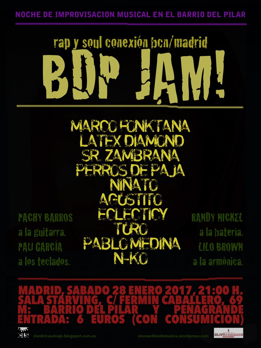 #BDPJam!
Sáb-28 enero @ <a href="/StarvingC/">Starving Conciertos</a>, Barrio del Pilar.
Músicos y mc's de BCN y Madrid improvisando juntos.
Más info: facebook.com/events/9794214…