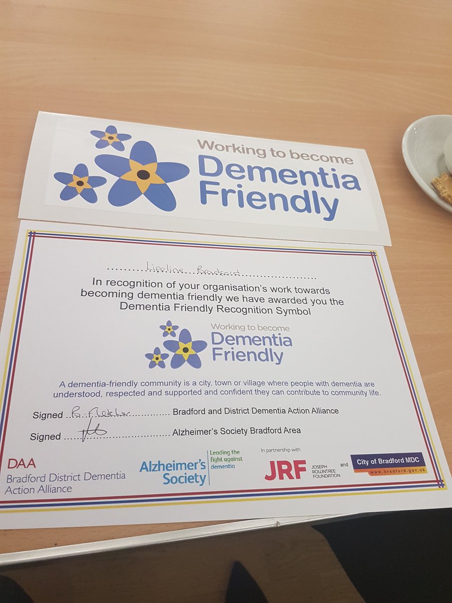 LifelineBradfrd's tweet photo. Proud to receive our accreditation from @alzheimerssoc #WorkingToBecomeDementiaFriendly #Bradford #community https://t.co/ePbONYMIOV