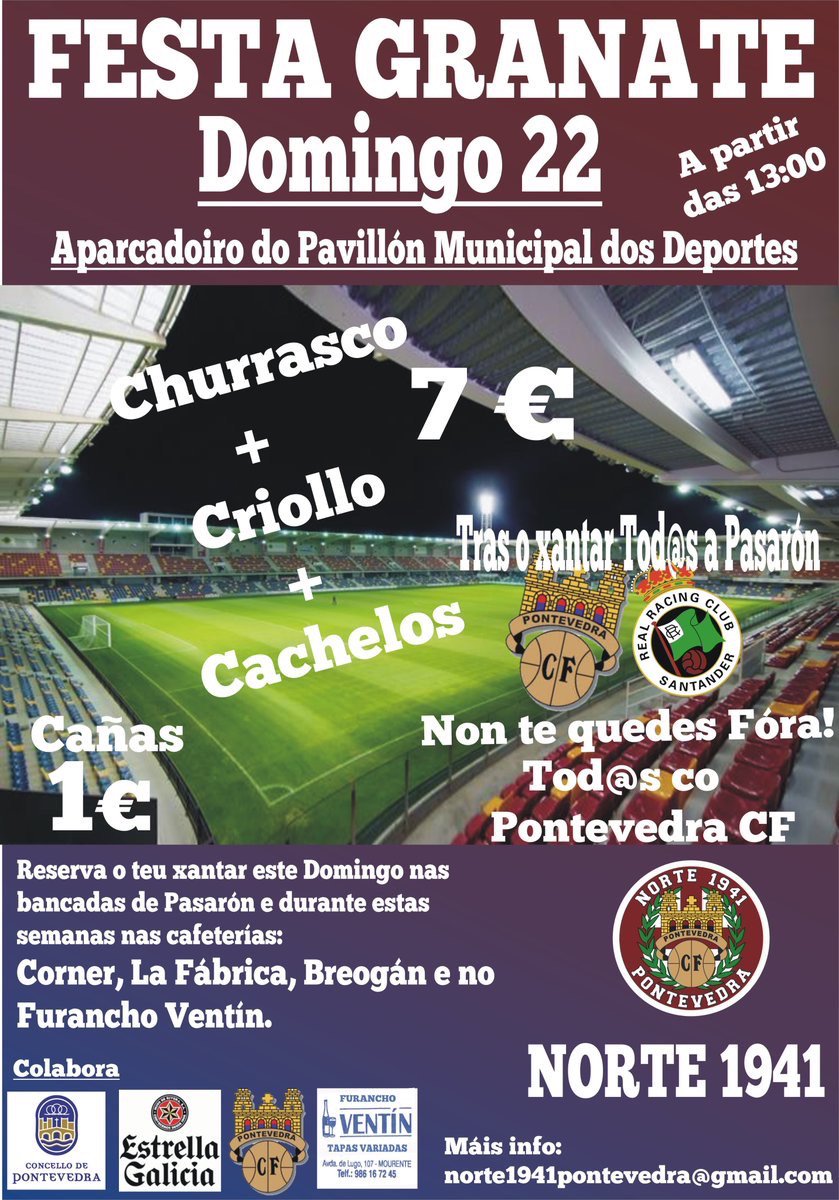 PontevedraCF's tweet photo. Xantar granate este domingo! A agrupación @Norte1941 organiza un xantar para todos e todas.¡Reserva a túa praza que son limitadas! https://t.co/KzFC085VI8