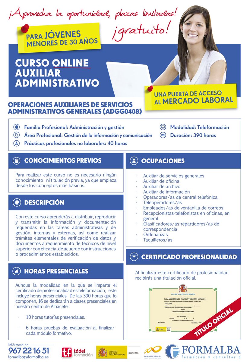 Formalba_sl's tweet photo. Menor de 30?, Obtén ahora C.P. de Auxiliar Administrativo en Albacete #formacion #formalba #certificadoprofesionalidad #menor30 #Albacete https://t.co/xtqKlTH943
