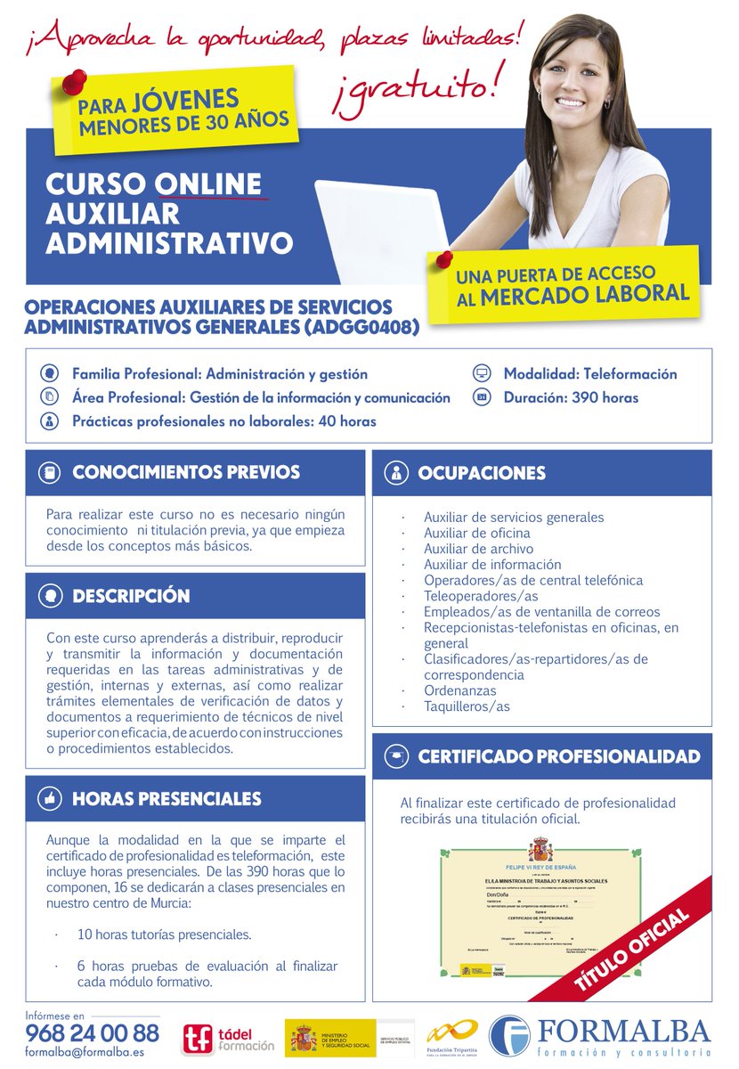 Formalba_sl's tweet photo. Menor de 30?, Obtén ahora C.P. de Auxiliar Administrativo en Murcia #formacion #formalba #certificadoprofesionalidad #menor30 #Murcia https://t.co/eLs9NynD71