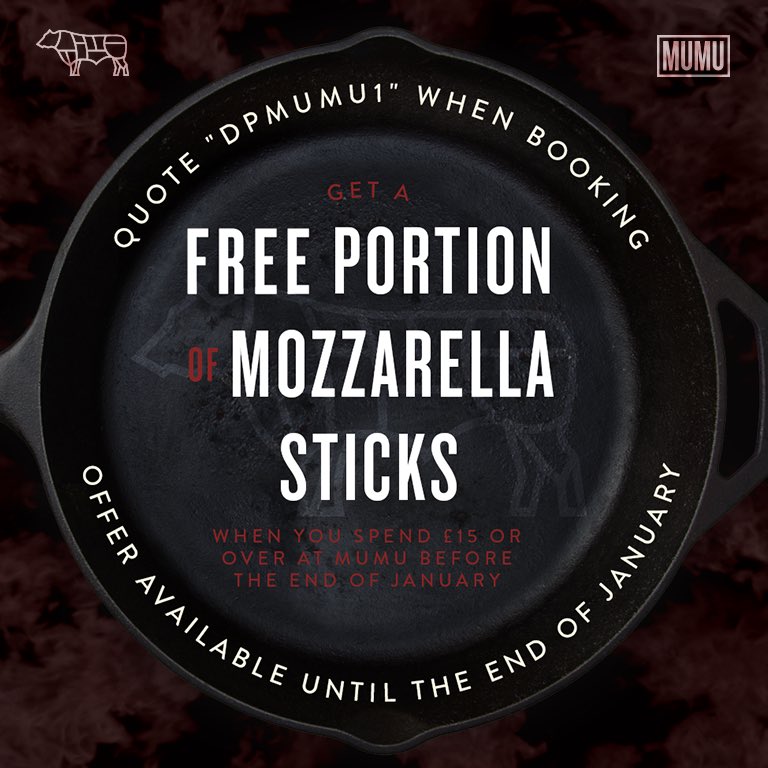 DiscountPreston's tweet photo. Great #deal available now @MumuSteakhouse 🙌 get free mozzarella sticks when you spend £15.

https://t.co/GSyRtpnBri for this #deal and more. https://t.co/lyMS6Q5fUL