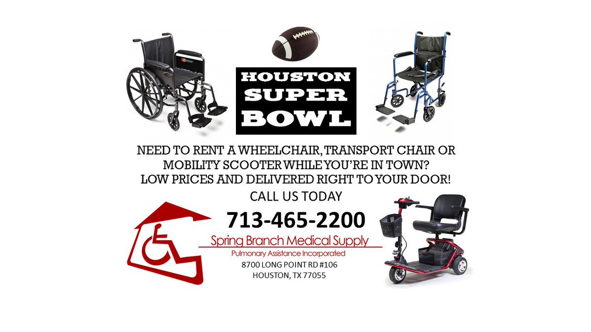 SpringBranchMed's tweet photo. Houston is proud to host Super Bowl LI! Call today to reserve your rental! #mobilityrental #houston #superbowl #thebiggame #mobilityhouston https://t.co/g9IwW3YUWs
