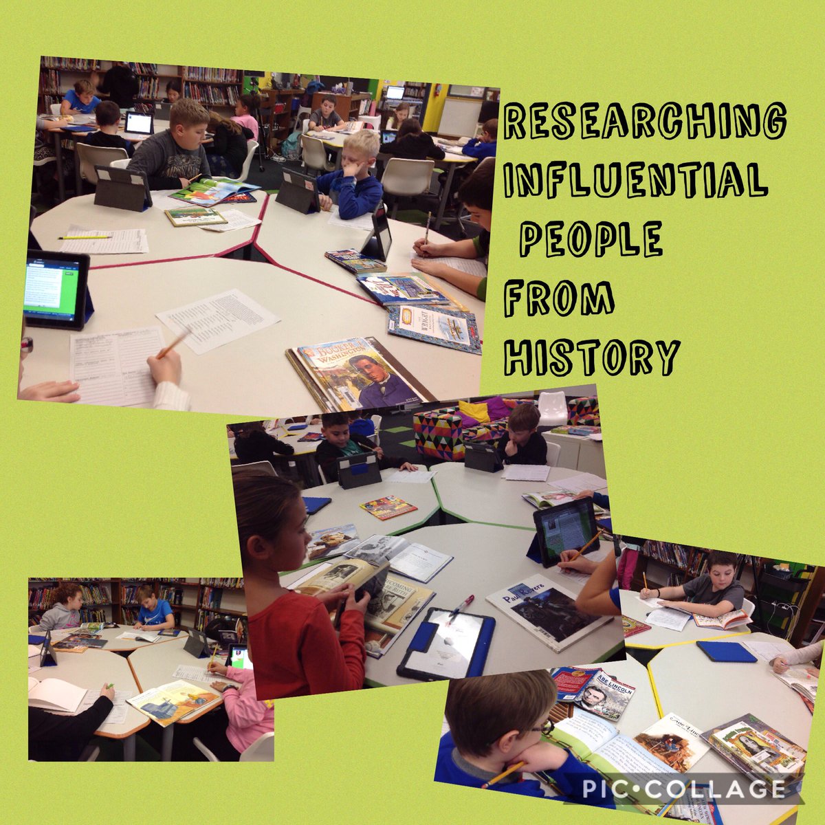 Students hard at work researching influential people from history! <a href="/BostianES/">Bostian Elementary</a>