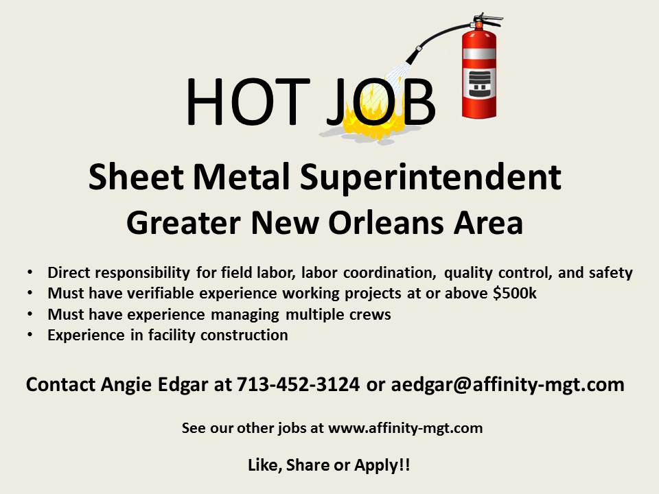 AffinityMG's tweet photo. #job #NOLA #NewOrleans #LA #SheetMetal #Superintendent #LargeProjects #FacilityConstruction #ApplyNow https://t.co/udqXSWi5uB