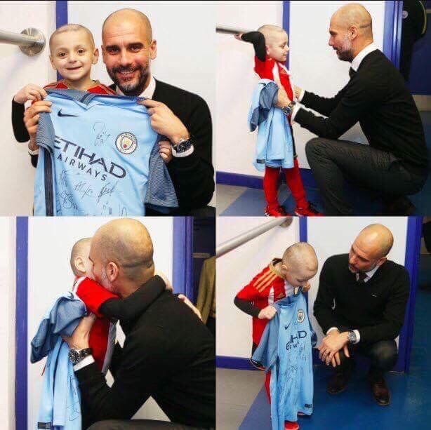 ChattingSport's tweet photo. Pep Guardiola surprises Bradley Lowery with a signed Manchester City shirt. Class https://t.co/LCqeIIQjJa