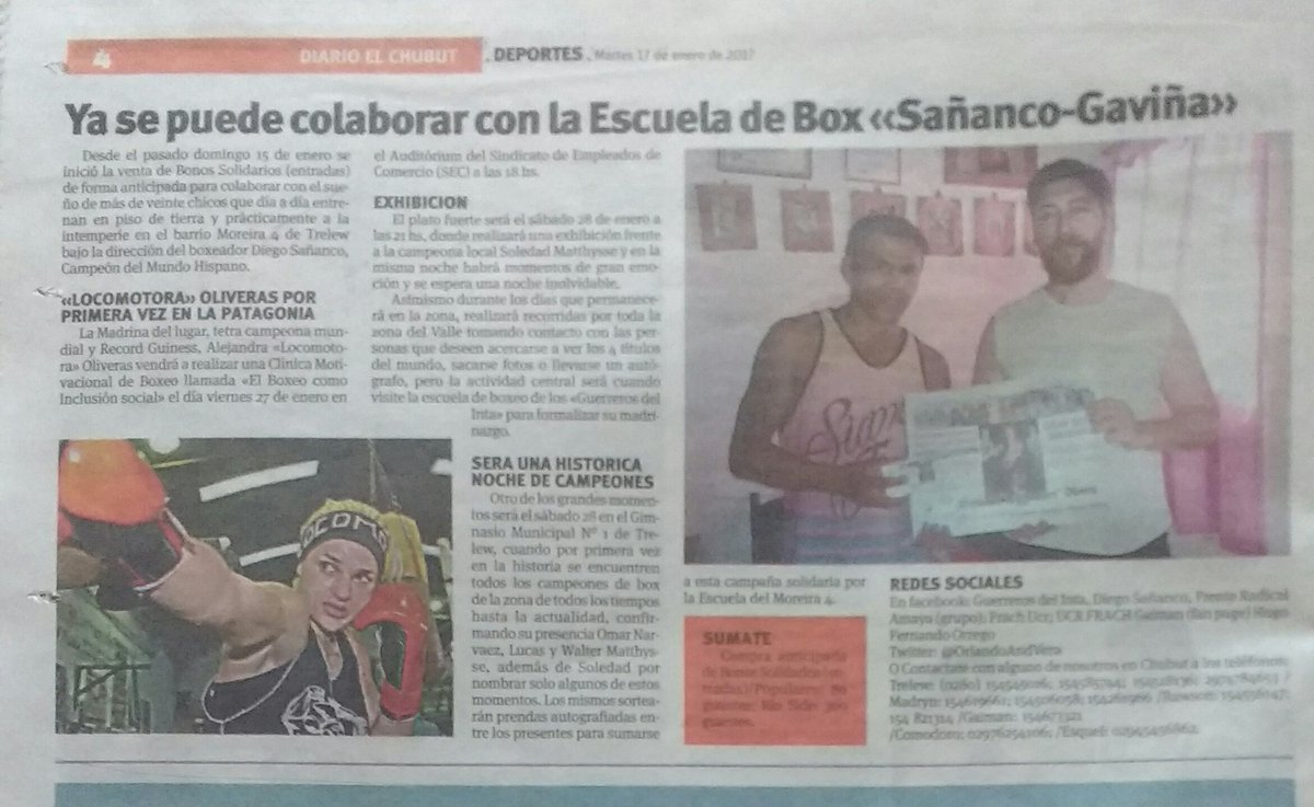 OrlandoAndVera's tweet photo. Hoy en Diario @ElChubut papel
Ya se puede colaborar con la #EscuelaDeBox #SañancoGaviña
@olilocomotora @adatasur @ucrchubutcp https://t.co/t43as2NaTT
