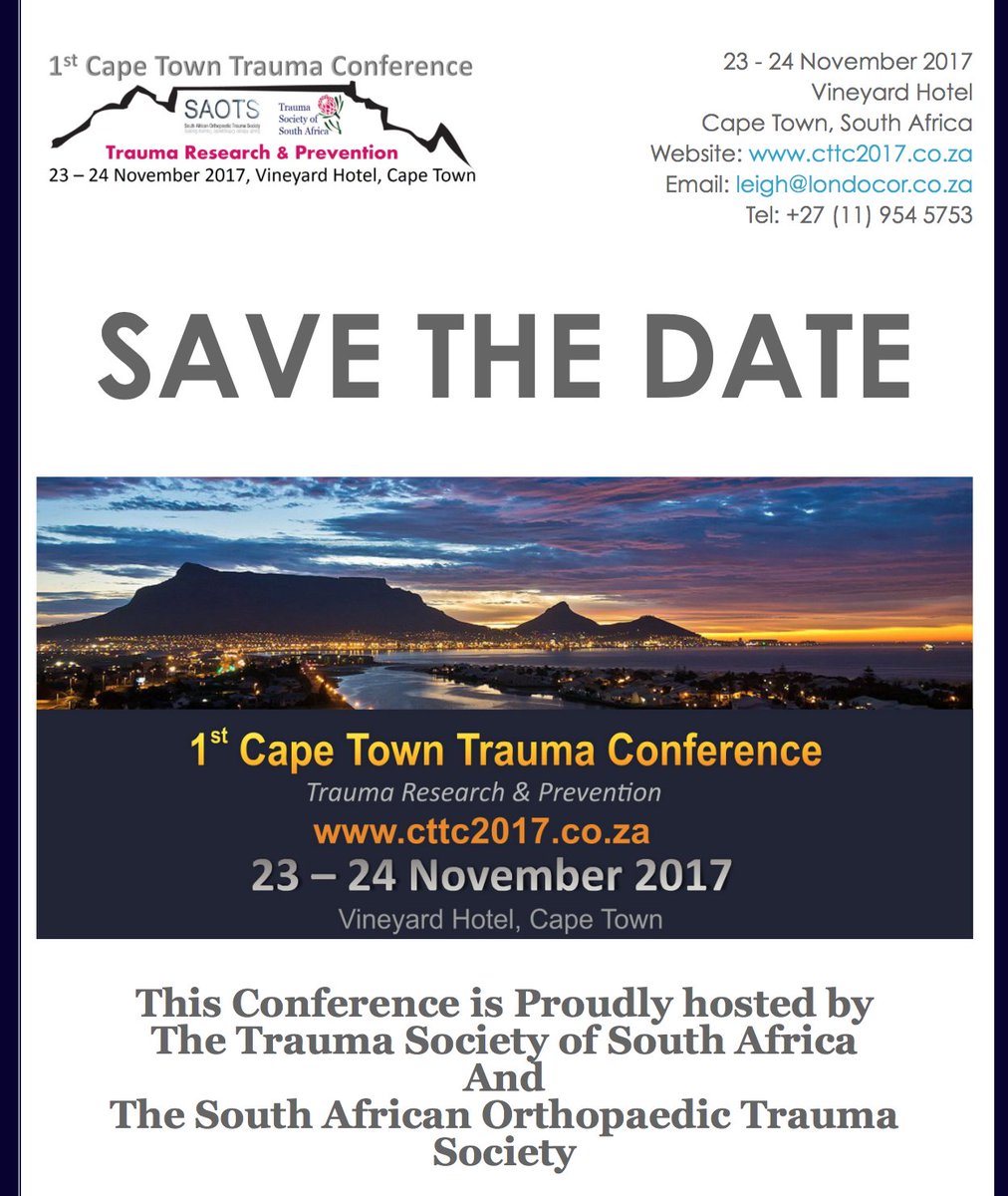traumacentre1's tweet photo. Save the date for the Cape Town Trauma Congress 23-24 November 2017. 
Come along and spread the word. https://t.co/v65u6OPKb5