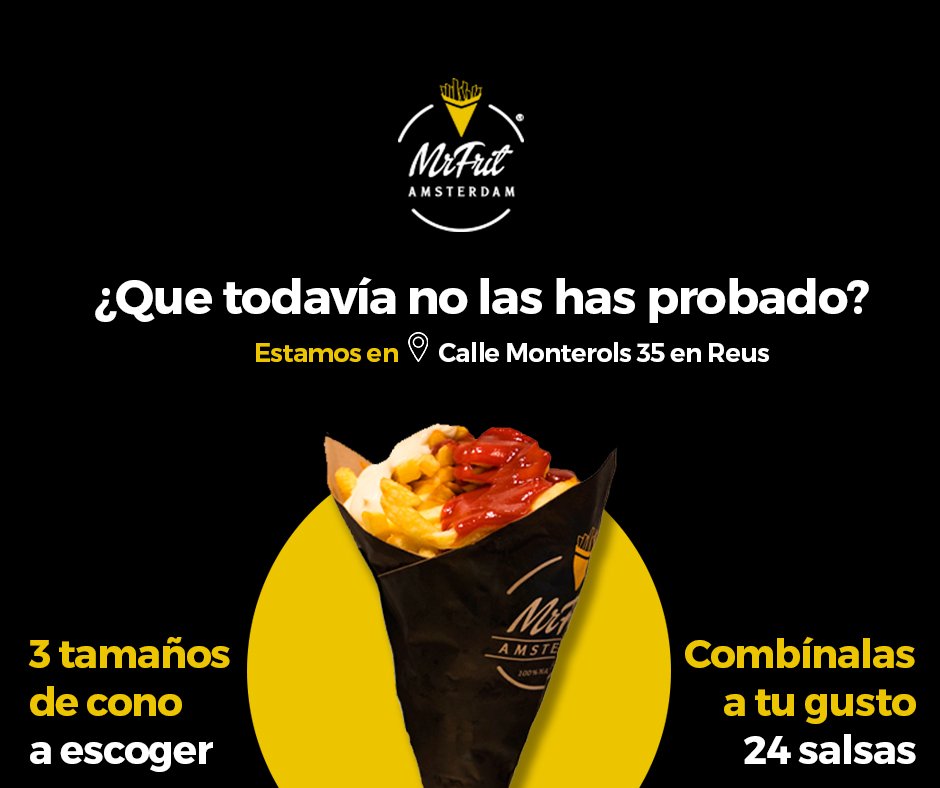 InfoMrfrit's tweet photo. Todavía no has probado nuestras patatas Mr Frit?
Puedes encontrarnos en Calle Monterols 35 de Reus (Tarragona) https://t.co/hfF8r5l6Bh