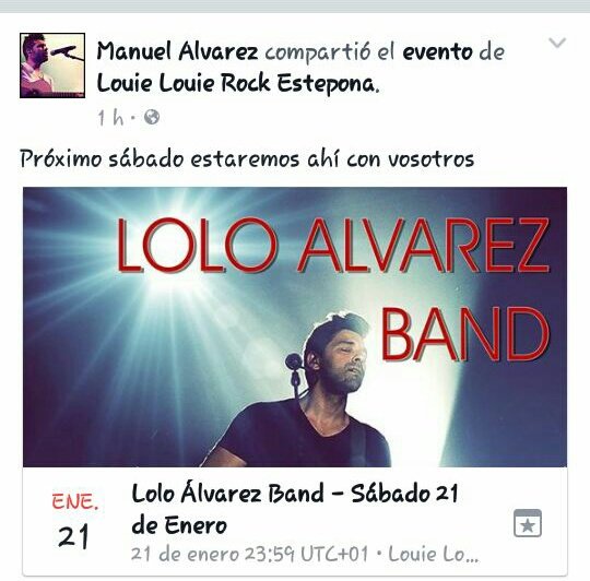 FansLoloAVzla's tweet photo. Este 21 de Enero no se pueden perder a @Loloalvarez911 y su banda en la sala Louie-Louie  Estepona 🎸👌 #LoloAlvarezBand https://t.co/PC818PRrbQ