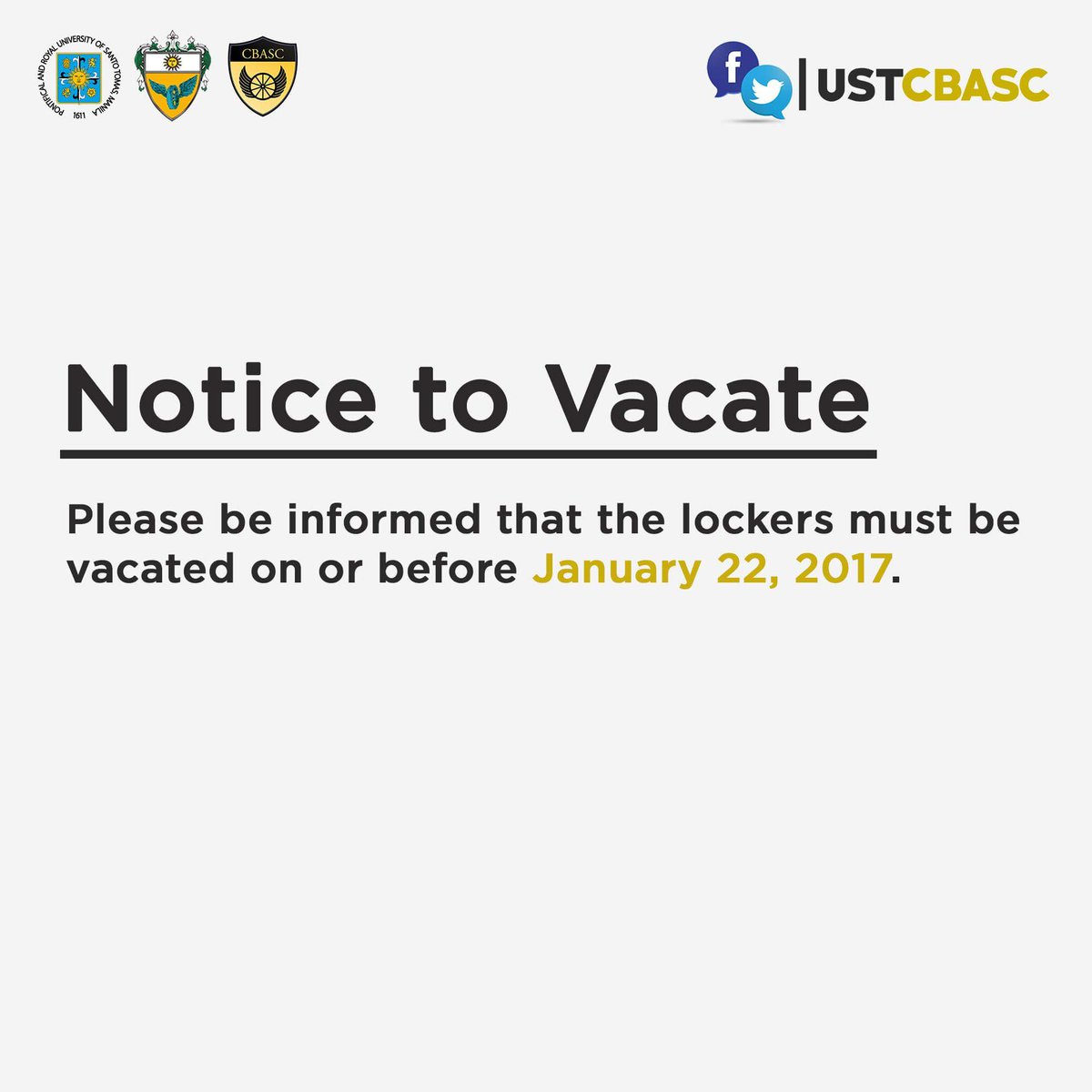 USTCBASC's tweet photo. #CBASCAdvisory: Notice to Vacate

Please be informed that the lockers must be vacated on or before January 22, 2017. https://t.co/bvsE0KUPX3
