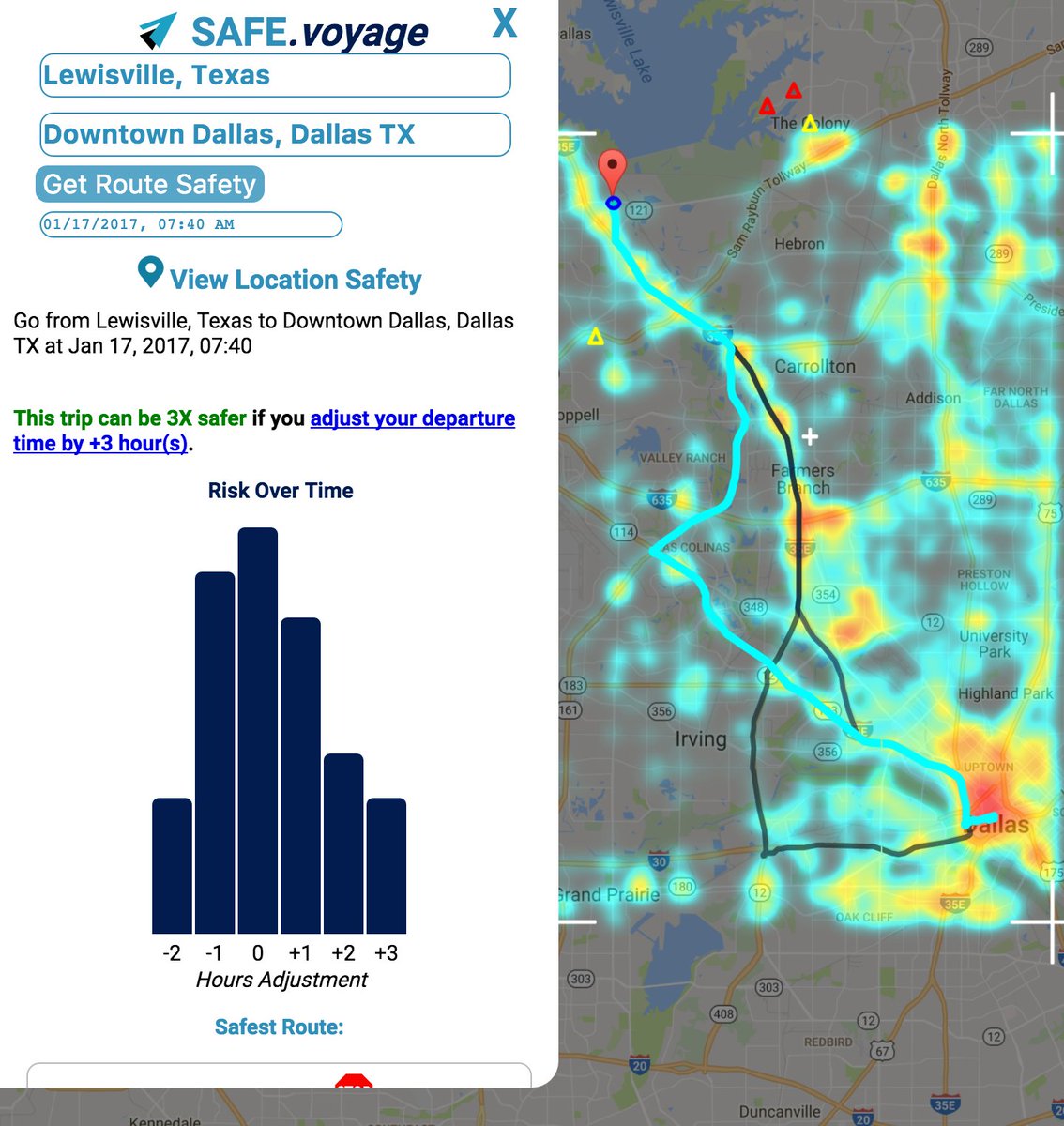 SAFE_voyage's tweet image. There are 70 crashes/day b/t Lewisville and Downtown Dallas. Use a safer route to 2X your commute safety @DallasPD bit.ly/2j4DZOT
