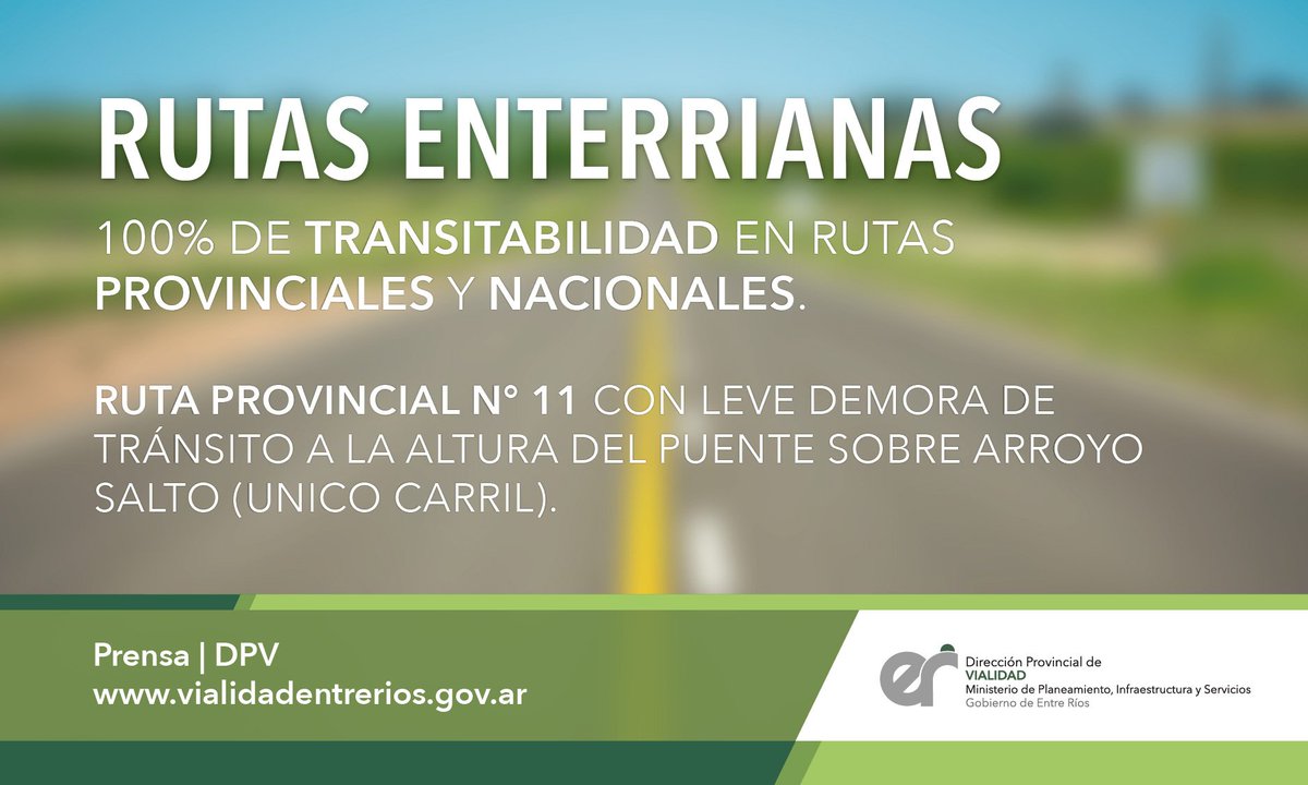 dpventrerios's tweet photo. #Rutas Provinciales y Nacionales 100% #transitables Detalle del estado de caminos secundarios y terciarios acá --> https://t.co/1xS88BpYu7 https://t.co/MaqDJDPgXF