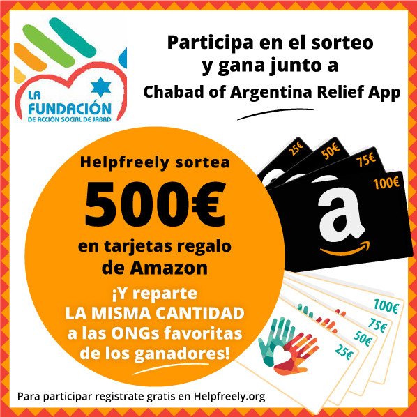 LaFunddeJabad's tweet photo. Helpfreely sortea 500€ en tarjetas regalo Amazon. Si ganas, recibimos lo mismo en donativos. Participa https://t.co/5SsO9aMlXc #WinAndHelp https://t.co/nb9Vut7ivo