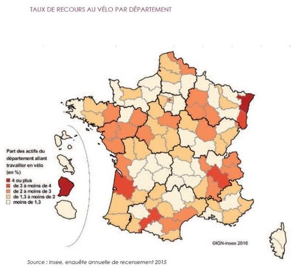 OlivierRazemon's tweet photo. Proportion des déplacements à vélo, par département. Source: @InseeFr, recensement 2015 https://t.co/WXTUuTpl2a