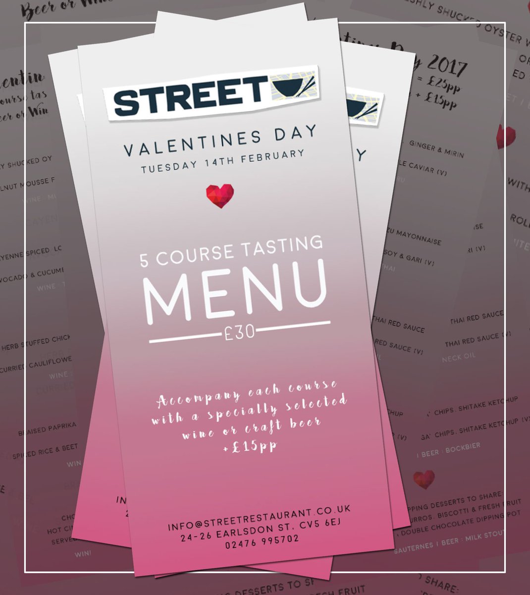 Valentine’s Day at Street!
info@streetrestaurant.co.uk 
02476 995702
streetrestaurant.co.uk/#valentines 
#coventry #Valentinesday
