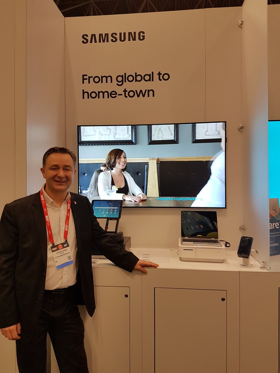 AnetTarlton's tweet photo. Lovely to see Star's mPOP on Samsung NRF stand in full POS mode + Samsung's scanner - me being a loyal Samsung S7 edge user! + Christophe!! https://t.co/OpOOriZUP2
