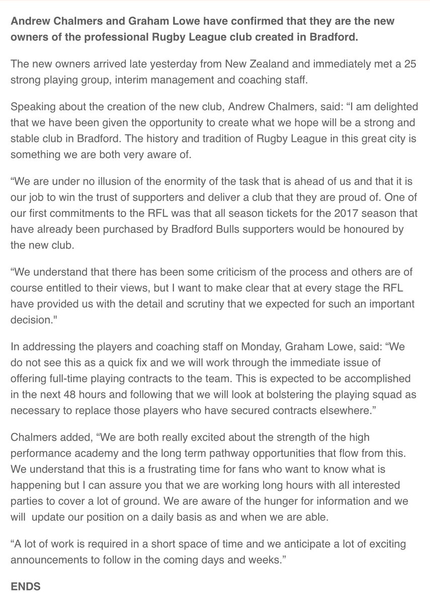 OfficialBullsRL's tweet photo. NEW BRADFORD OWNERS ANNOUNCED AS ANDREW CHALMERS AND GRAHAM LOWE

Press Release ⬇️ https://t.co/HDVWszW6ln