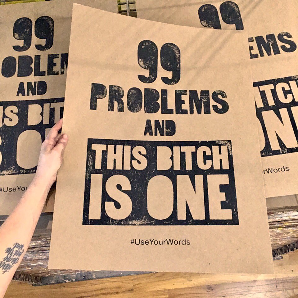 dirtybandits's tweet photo. 99 posters and this bitch is one! so grateful to be printing at @vault49 studio for #womensmarchnyc #useyourwords #countertype https://t.co/Ffi3rO0Gsc