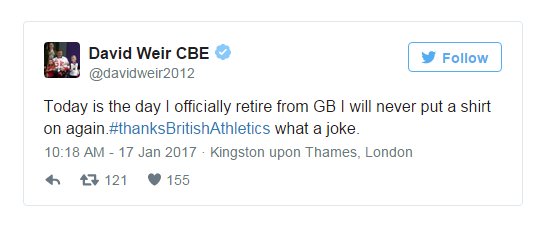BBCSport's tweet image. David Weir has said he will never wear a GB vest again 

British Athletics says it is puzzled by Weir's comments

➡️bbc.in/2jUCnXT