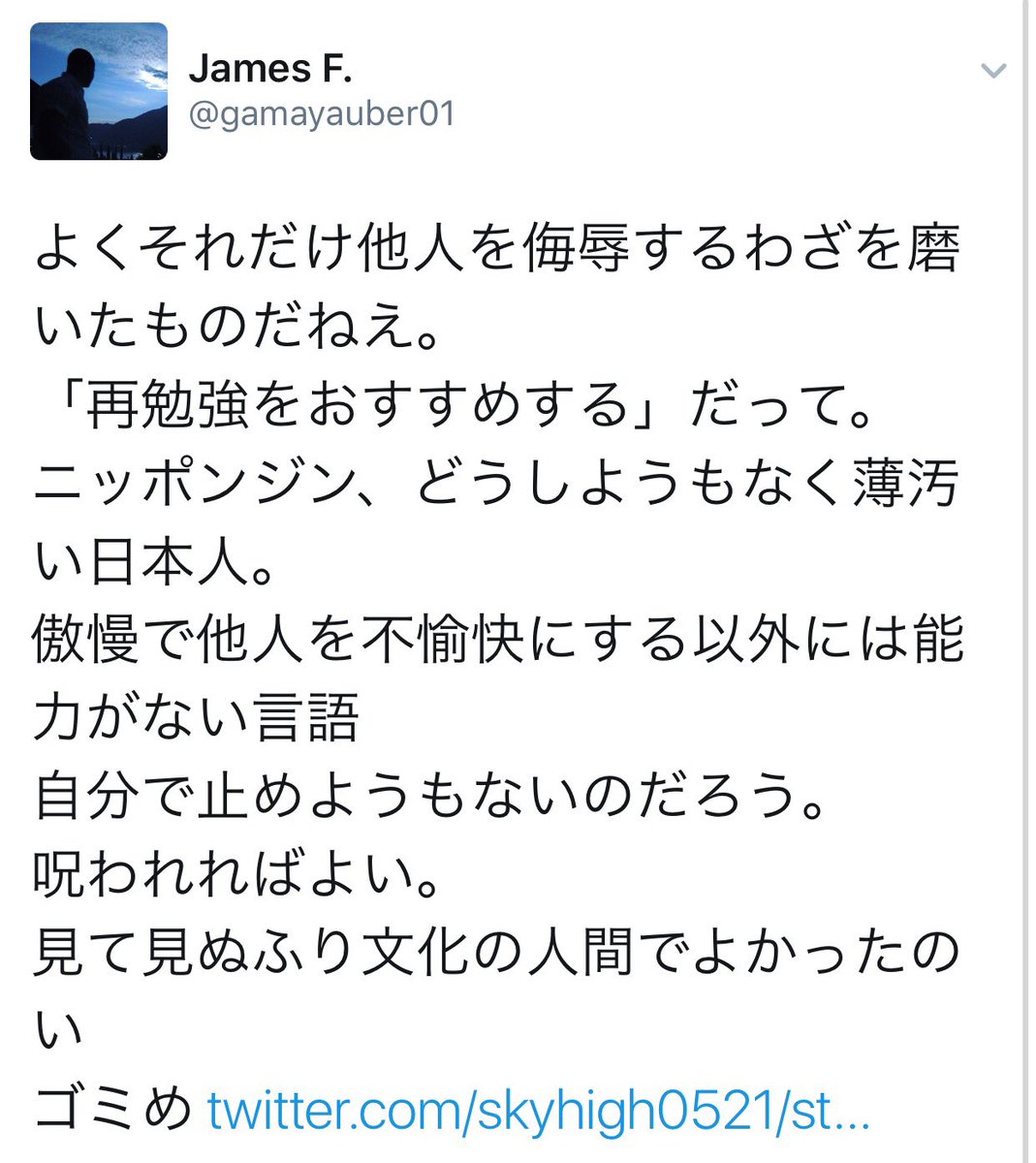 Tatarskiy على تويتر このスクショの内容はいくらなんでもレイシズムそのものだろ ニッポンジン だの 日本人なんて みな死ねばいい 世界最低の民族 だの 韓国がどんな国でも 朝鮮人は世界最低の民族 って言ったら完全にレイシストだろ 何も違わない 日本