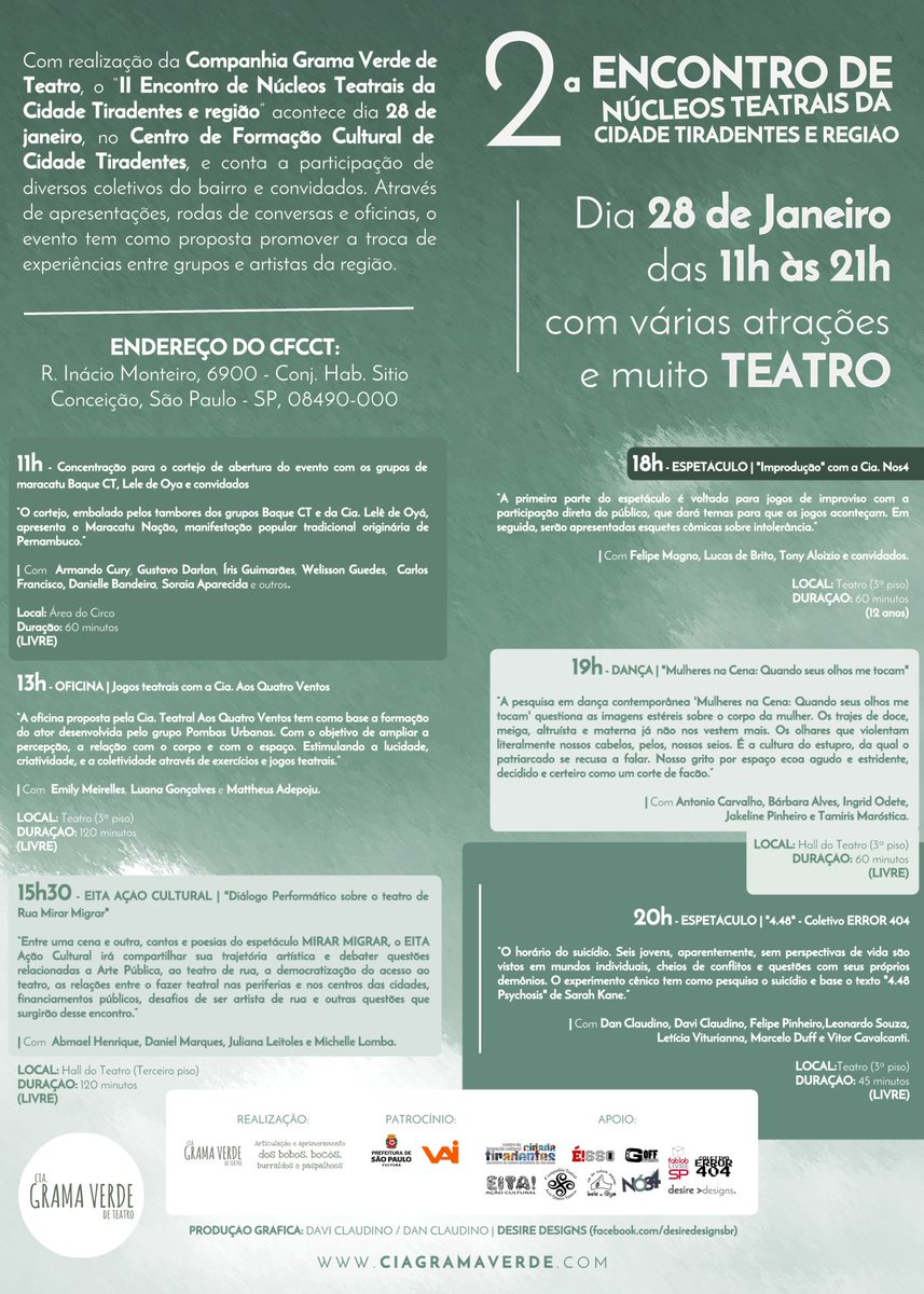 ciagramaverde's tweet photo. EVENTO: II Encontro de Núcleos Teatrais da Cidade Tiradentes e região https://t.co/lQCgJI4r6P

Confira a programação! https://t.co/UwQmsipJw6