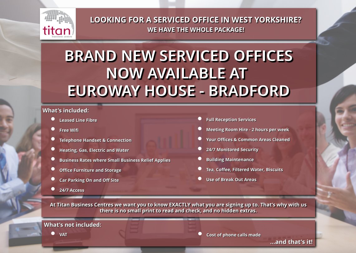 titanoffices's tweet image. New offices looking great and getting snapped up fast! Call us now to arrange a no obligation viewing on 01274 877888 📱#ServicedOffices