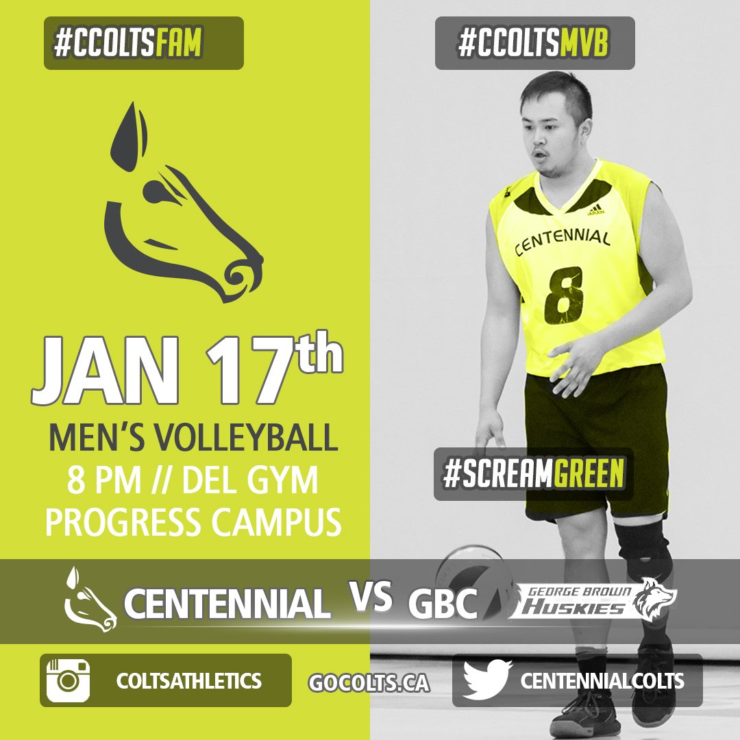 CentennialCOLTS's tweet photo. COLTS Volleyball #CCOLTSMVB
Tues Jan 17,17
COLTS vs @GBC_Huskies
8PM MEN
DEL GYM // AWC Progress Campus
#screamgreen https://t.co/Kzsuy9WGYF