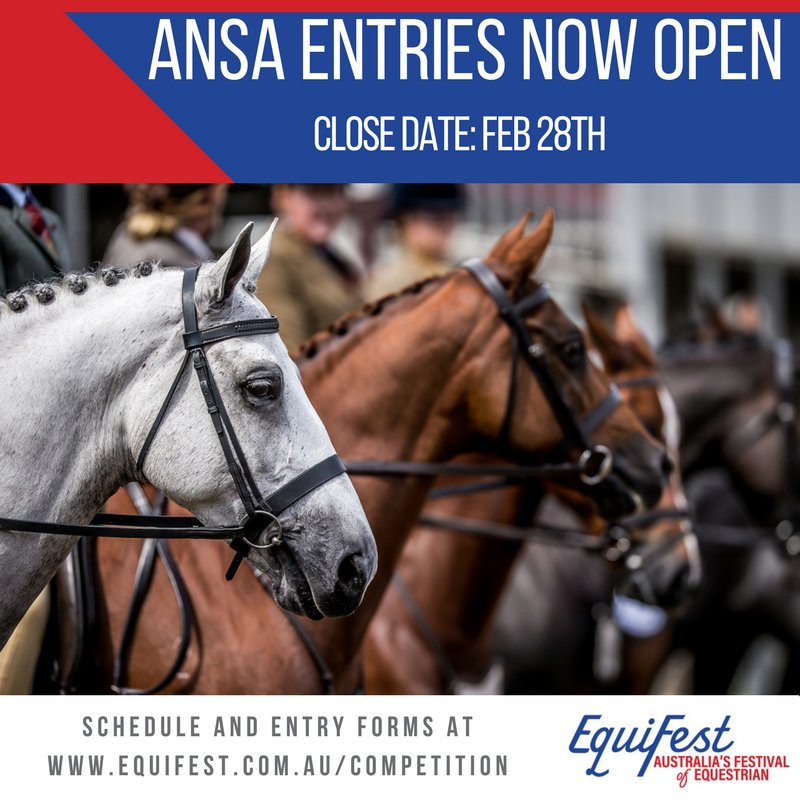 EquiFestAU's tweet photo. ANSA entries are open for EquiFest, be quick because they close on February 28th. Entries and other information at https://t.co/FckaM65bTF https://t.co/YcyyEI2580