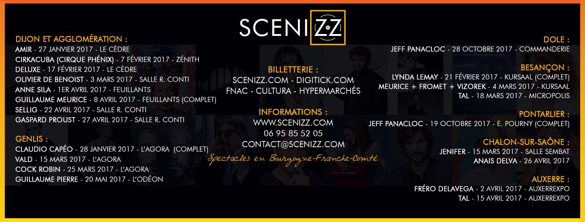 Toutes nos dates de spectacles et concerts en Bourgogne-Franche-Comté sont à retrouver sur scenizz.com !