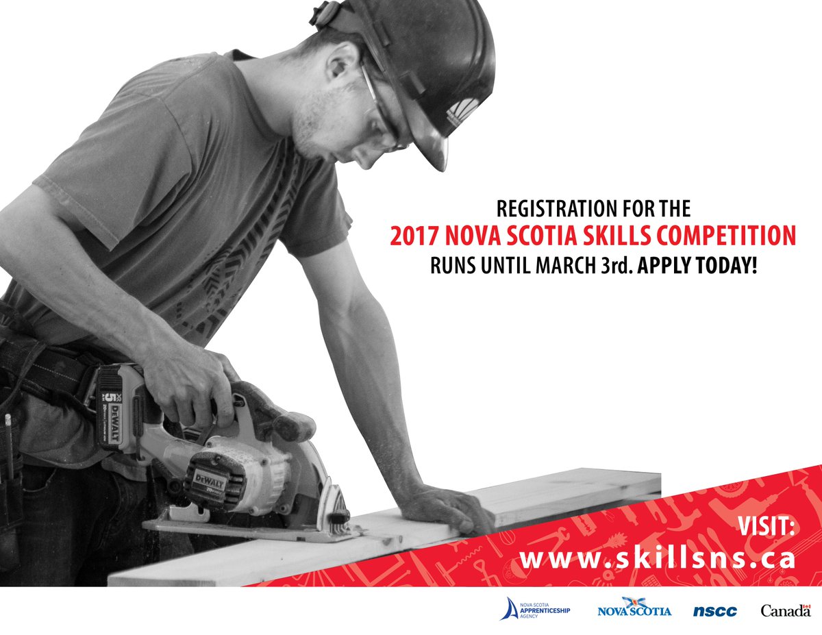 Skills_NS's tweet photo. Have you applied for the 2017 Nova Scotia Skills Competition yet? Apply today: https://t.co/EsHIQGsIqK #NSSC2017 #SCNS #NovaScotia https://t.co/6YwkiwJNyl