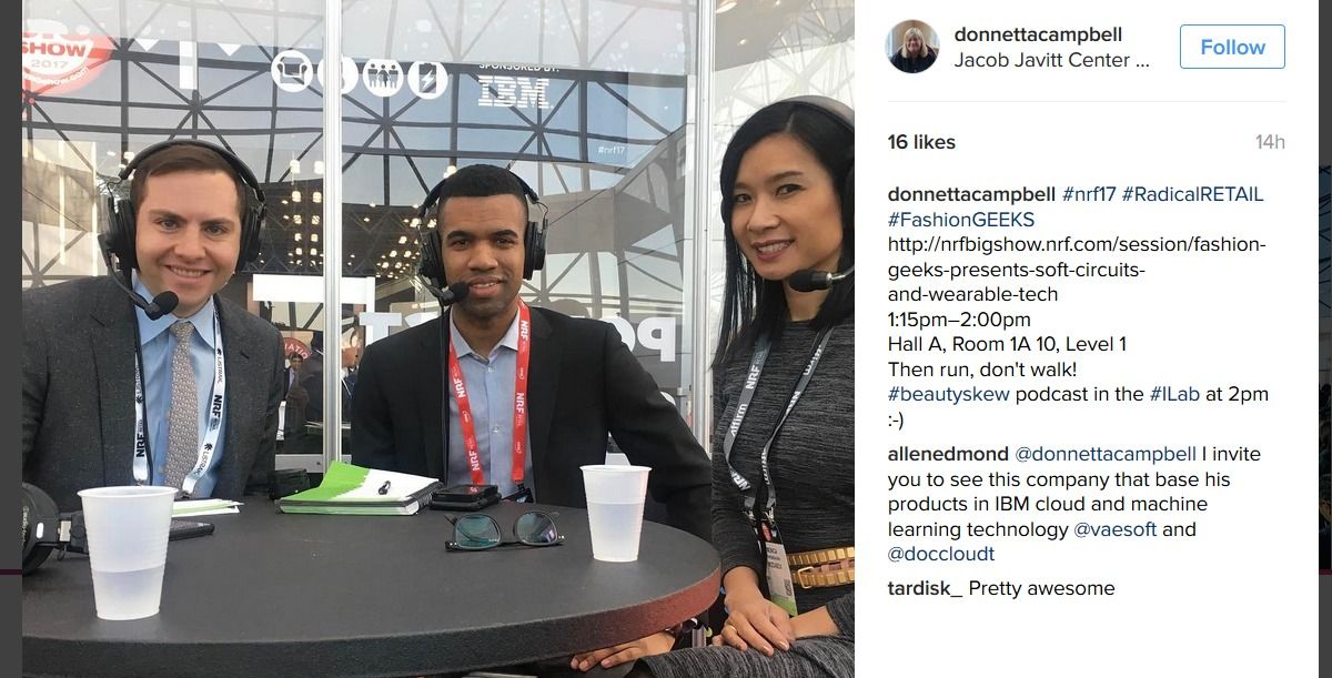Ncholertonbrown's tweet photo. My friends @Machiz @RealBradSmith @Nasdaq #ILab booth
#nrf17 next 2PM #beautyskew podcast #RadicalRETAIL
#FashionGEEKS #wearabletech https://t.co/w04CrTV9I5