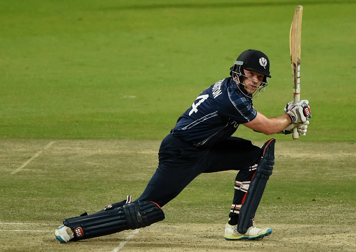 ICC's tweet photo. Josh Davey's 4/34 helps Scotland bowl out Netherlands for 141 to seal a 7 run win at the #DesertT20 https://t.co/xOLK40K8G7 #NetvSco https://t.co/JsdzJDIt6O