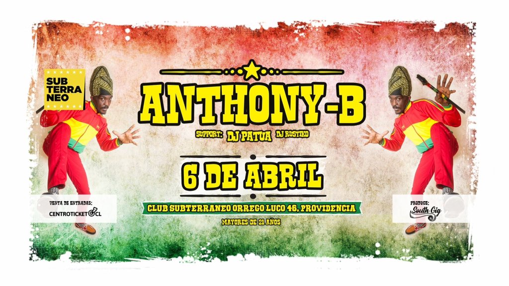 ReggaeEsVida_7's tweet photo. #AgendaReggaeInternacional 🇨🇱 Directamente desde 🇯🇲 vuelve a #Santiago @AnthonyBReggae para dar un show de lujo en @ClubSubterraneo el 6.04 https://t.co/T22sj9QJNN