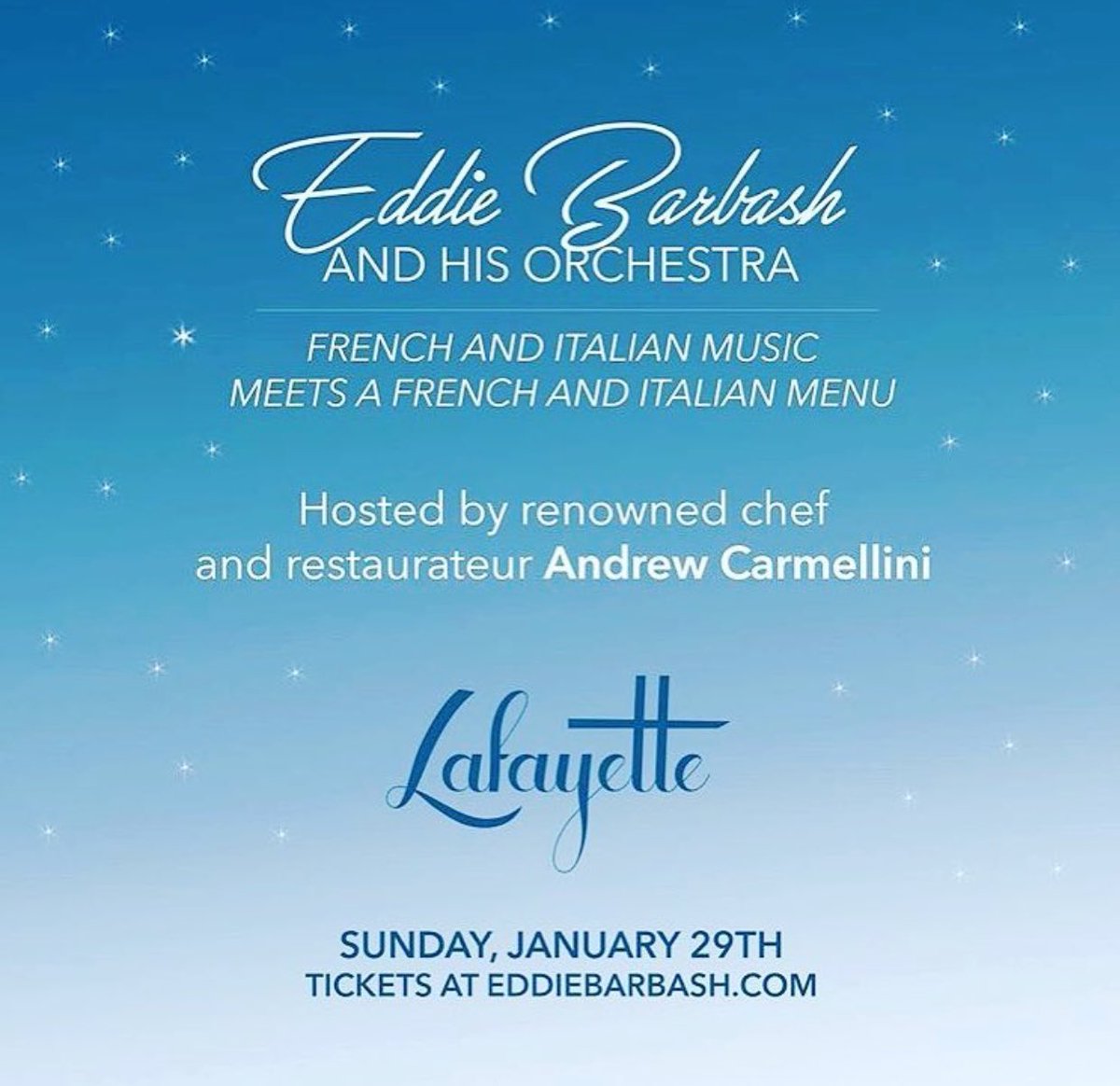 Join @andrecarmellini &amp; <a href="/EddieBarnes23/">Eddie Barnes</a> once again for dinner and live music on 1/29. Tickets at eddiebarbash.com.