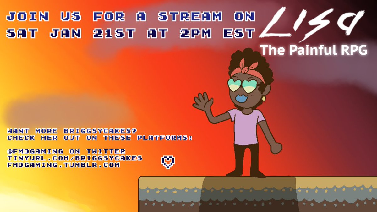 SkillOnCooldown's tweet photo. I'll be playing #LisaThePainfulRPG Saturday, Jan 21st at 2 pm est! Join me for some fun! #streamReminder #twitch https://t.co/Icmwy4wRX0 https://t.co/0pRfy7e0kr