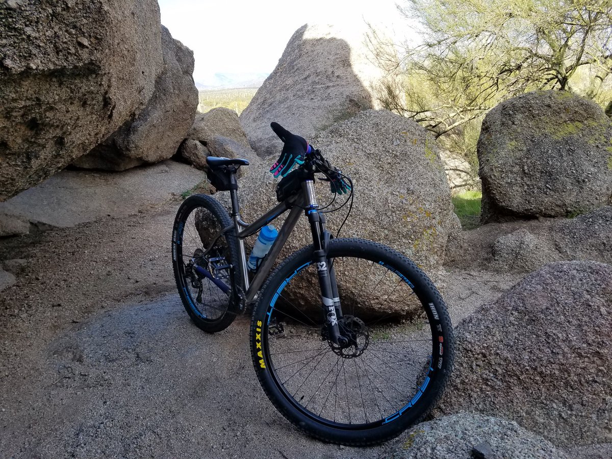 smores76's tweet photo. Love my new titanium 29er my husband built me! #mtb #mtbaz #ridetitanium #madeintheusa #Tronixcycles #getoffyourass https://t.co/Dko6UNwd1J
