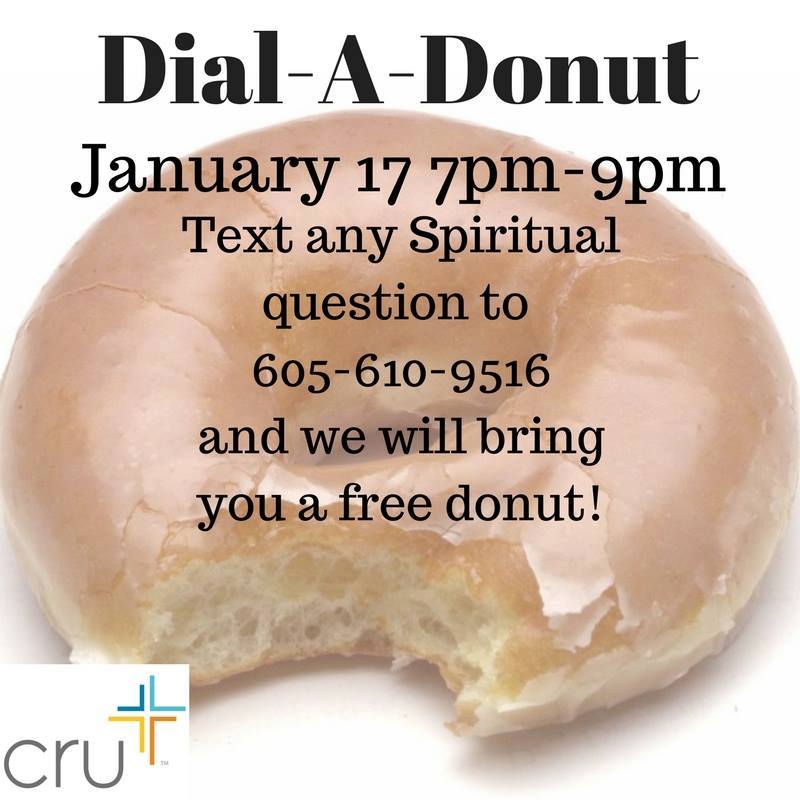 USDCru's tweet photo. Today is the day! Text a spiritual question to the number below between 7-9pm and have a donut delivered directly to you on campus! #USDCru https://t.co/xpefaqE8NC