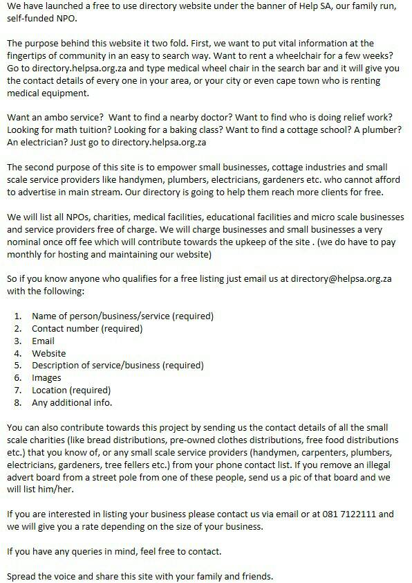 pctact's tweet image. Free directory listing specially for npo , small business and handy men etc who cant afford legal signage #helpsa
ow.ly/bhXy3085SaB