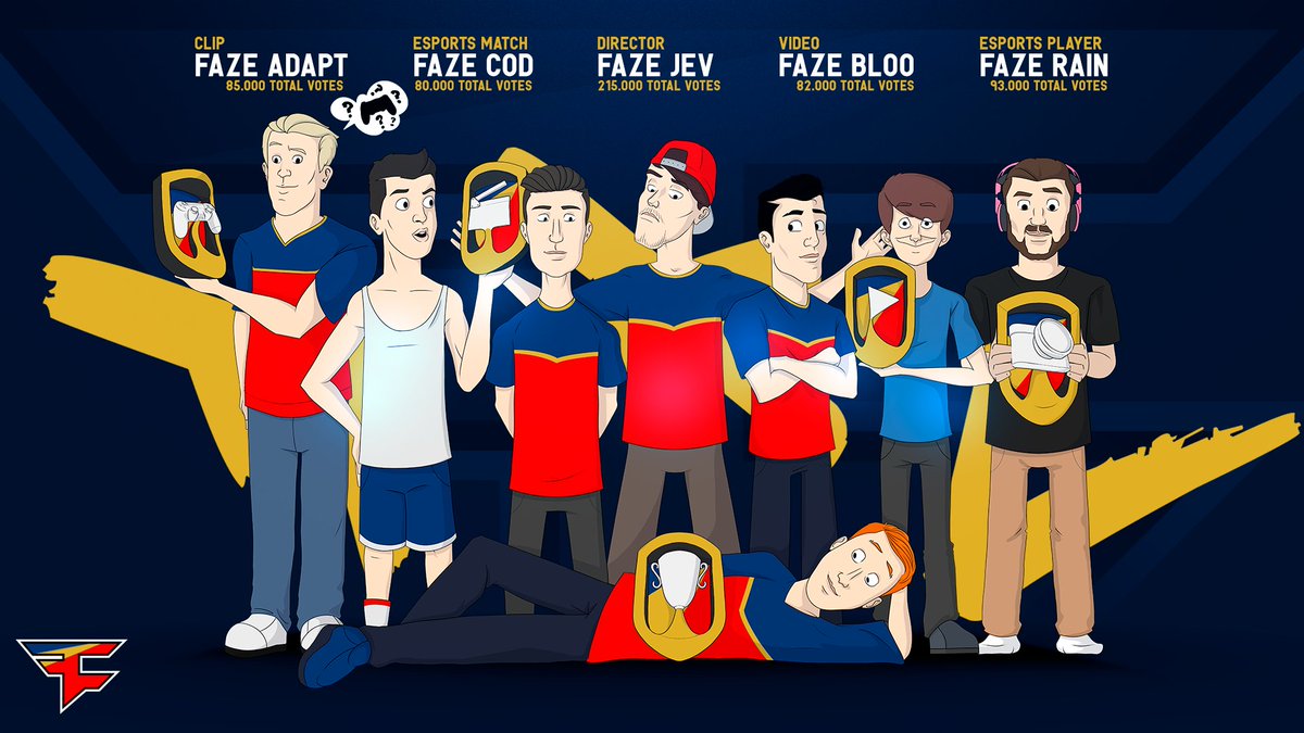 FaZeClan's tweet photo. Thank you to the fans who tallied 550,000 votes in our First Annual #FaZeAwards! Stay tuned, winners, to find out what prize you'll receive. https://t.co/wcccAInJn3