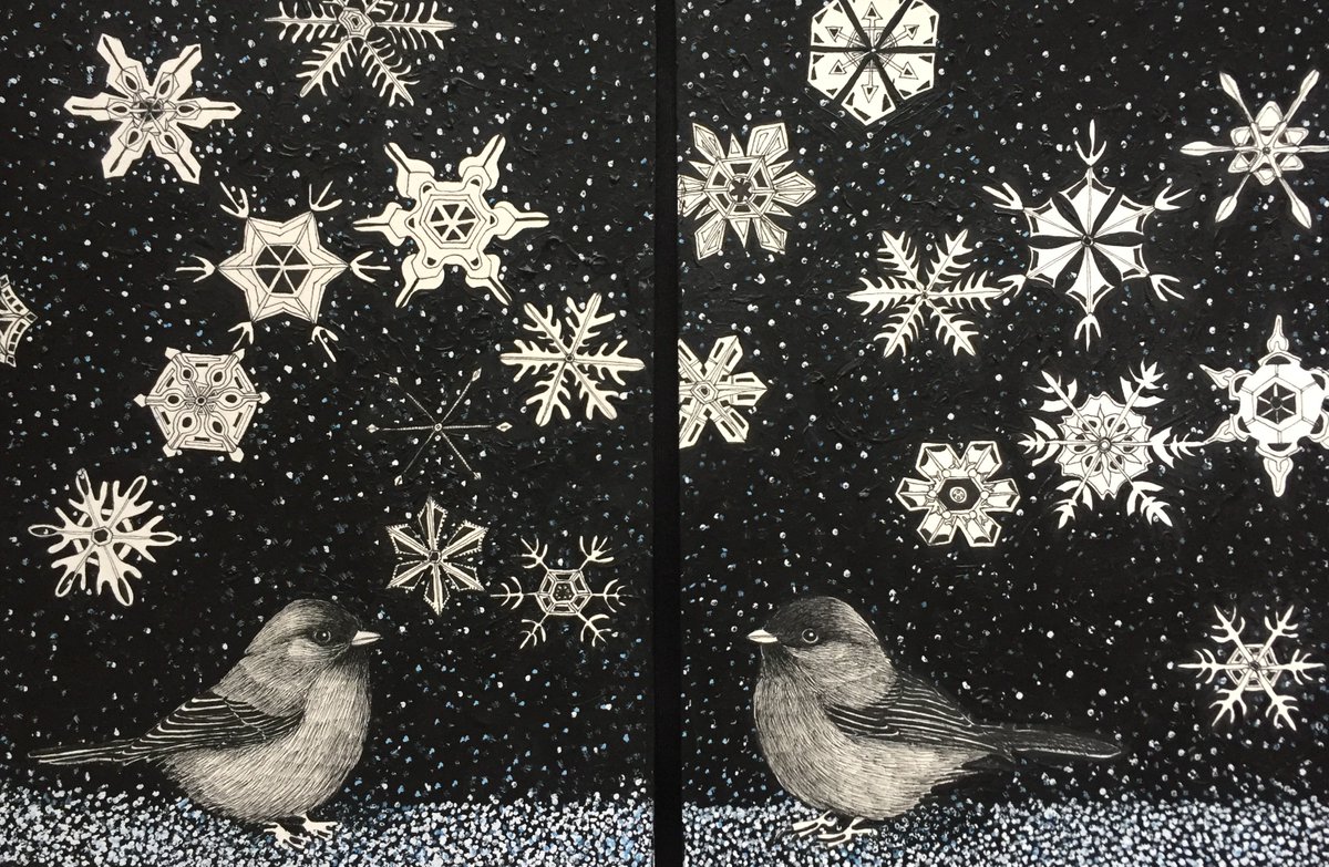 First Snow by Susan Taylor, ink and acrylic on paper #snowflakes #birds #drawing #ContemporaryArt #bloodstargallery #decorativeart