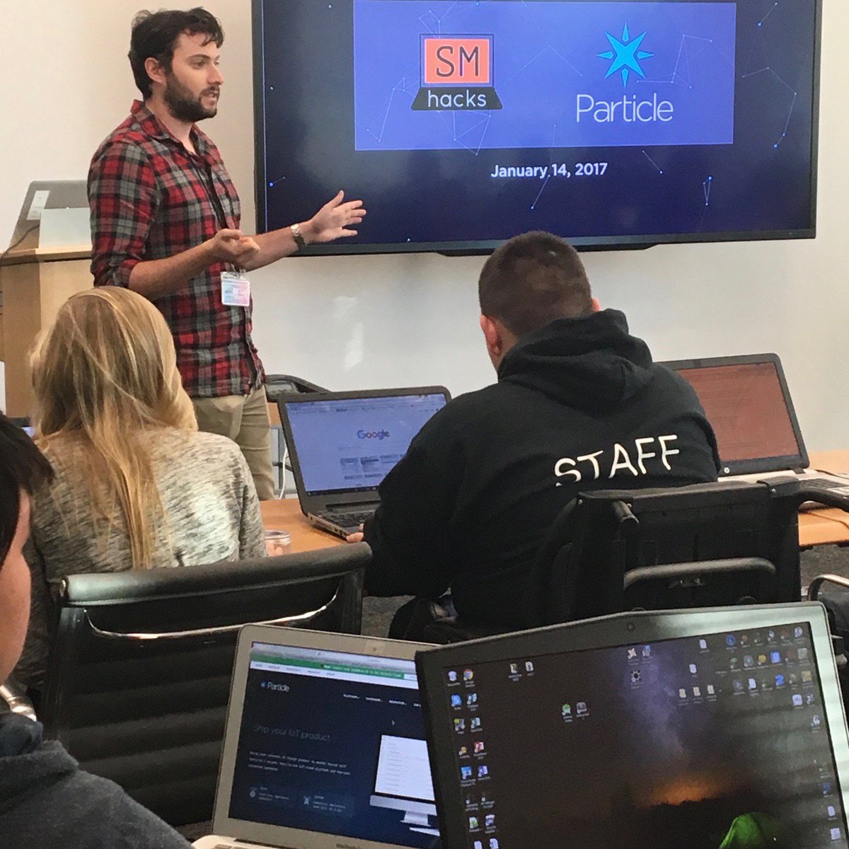 particle's tweet photo. Led #saturday workshop with @sanmateohacks students around #iot and learning to program our #internetbutton @informatica #particle #smhacks https://t.co/M4chXwsmhY