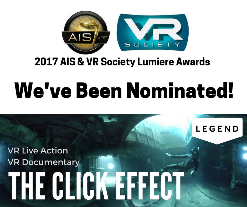 Legend3D_'s tweet photo. The Click Effect is nominated for the @TheVRSociety and AIS Lumiere Awards for VR Live Action &amp; VR Documentary! #LegendVR #VR #nominations https://t.co/oti62mbdHx