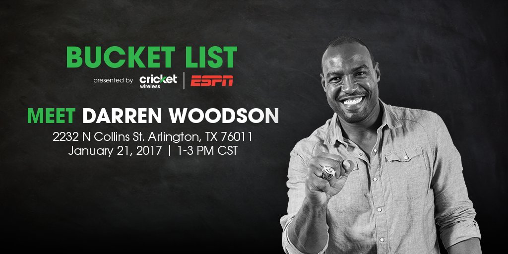 Cricketnation's tweet photo. Get ready for something BIG, #Dallas! Stop by on 1/21 from 1-3PM to meet @darrenwoodson28. #FanBucketList https://t.co/qYAtjzCaGM