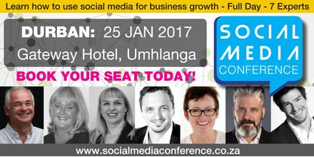 #Durban get your tickets for <a href="/socialconza/">Social Media Confere</a> Umhlanga 25 Jan 2017 @GatewayHotelDur Book at bit.ly/2dpssKt